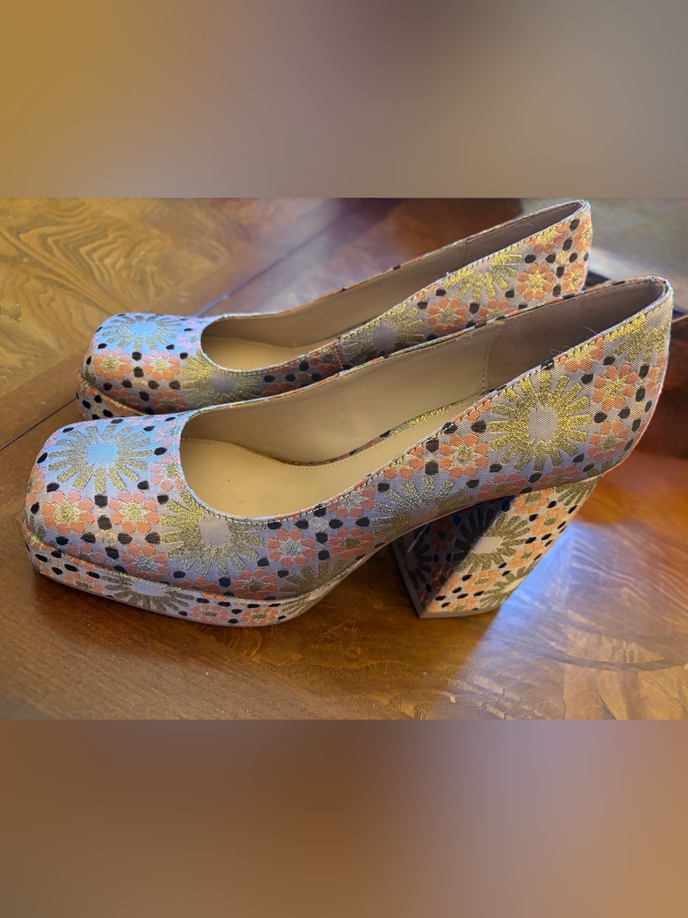 Katy Perry Collections Pink Gold Floral Platform Block Heels - Picture 6 of 14